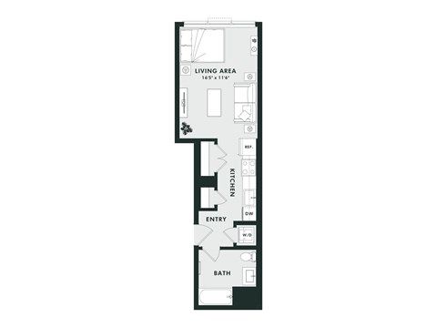 A floor plan of a small apartment with a living area, kitchen, entry and bath.